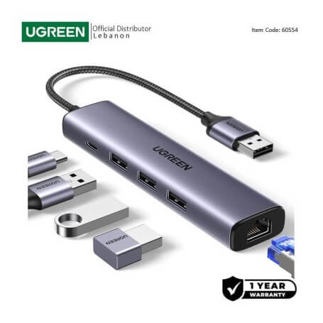 UGREEN USB 3.0 to 3- Port USB 3.0 Hub with RJ45 Gigabit Ethernet Port and Type-C Power Port, Stable Transmission - CM475 60554