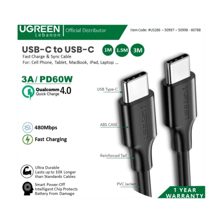 UGREEN USB-C to USB-C PD60W Fast Charge Cable, Available in 1M - US286 60518