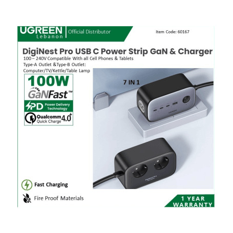 Ugreen Charger Diginest Pro 100 W Usb C Power Strip & Gan Usb C 60167